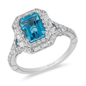 Disney Cinderella London Blue Topaz & Diamond Halo Ring 14K White Gold Size 8